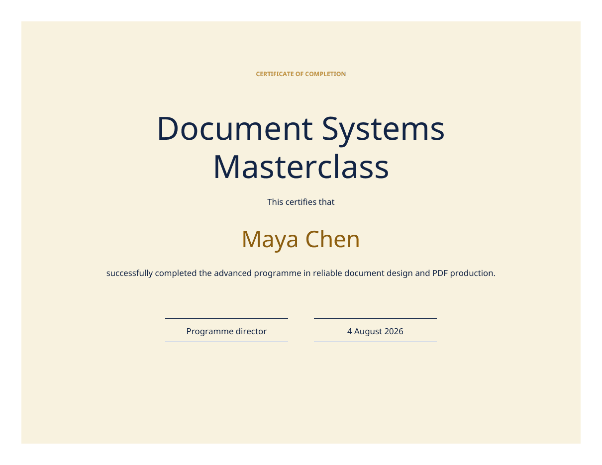 Cream landscape certificate for the Document Systems Masterclass
