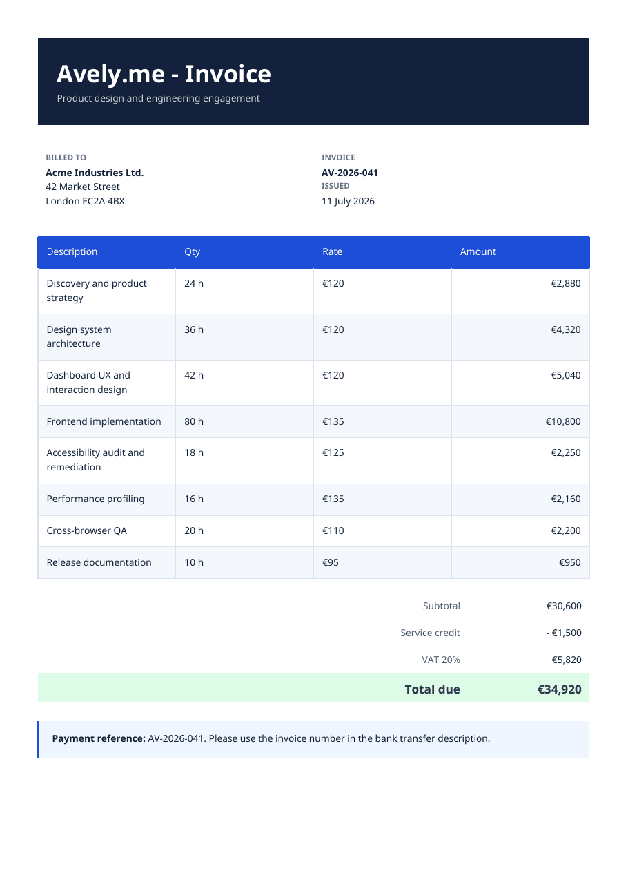 First page of a blue and white studio invoice