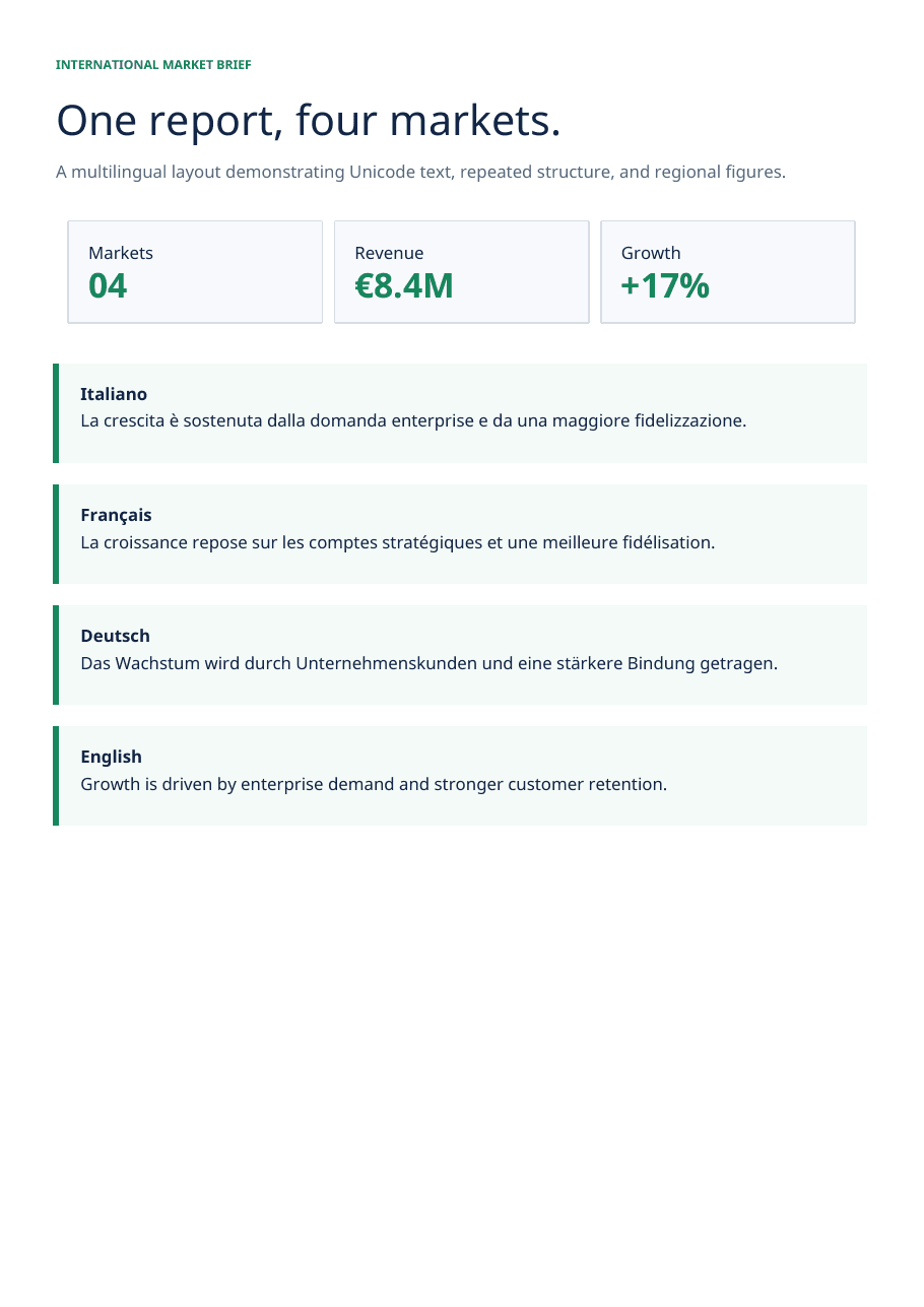 Green and white multilingual international market brief
