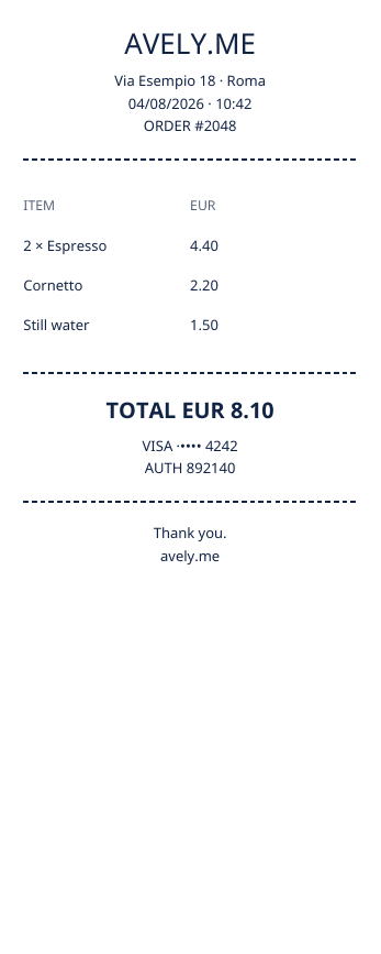 Narrow monochrome receipt from Avely.me