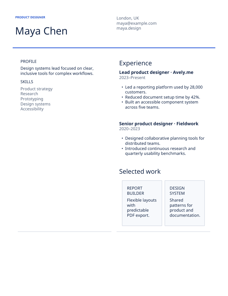 One-page product designer resume for Maya Chen