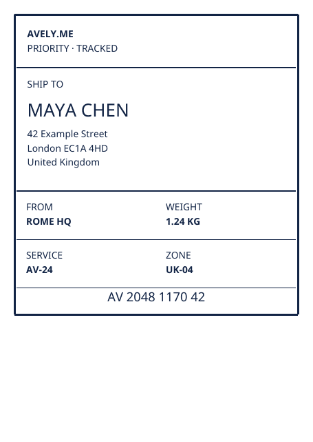 Black and white Avely.me shipping label
